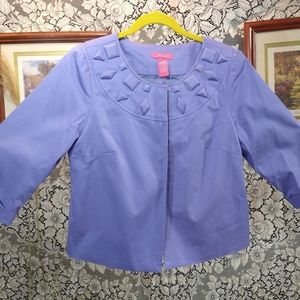 Du Jour bright purple blue lined swing jacket with geometric shapes on collar